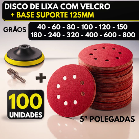 Kit Base + 100 Disco Lixa Velcro 8 Furos Roto Orbital Lixadeira para Ferro, Metal, Massa e Madeira 125mm Suporte M14 Esm