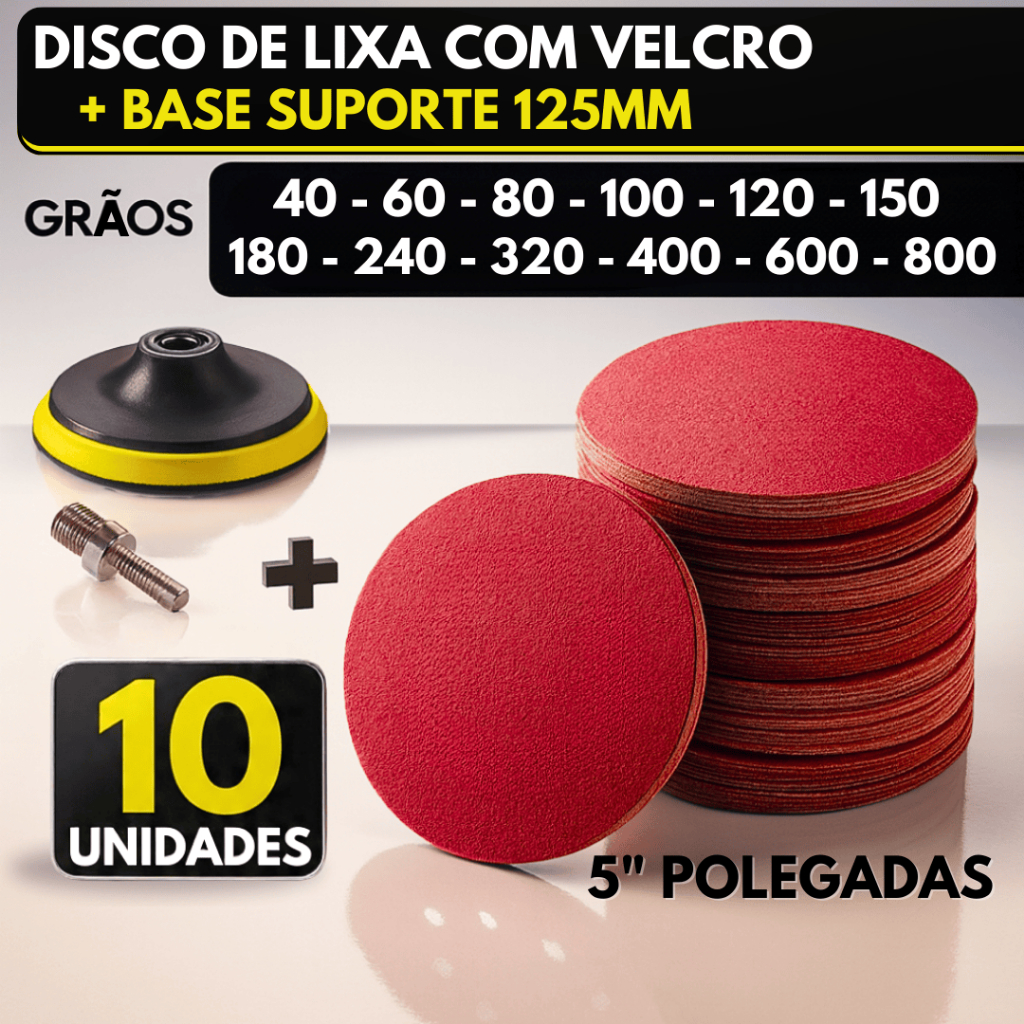 Kit Base + 10 Disco Lixa Velcro Sem Furos Roto Orbital Lixadeira para Ferro, Metal, Massa e Madeira 125mm Suporte M14