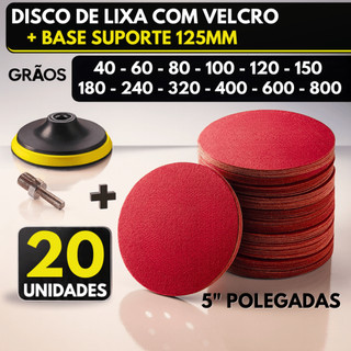Kit Base + 20 Disco Lixa Velcro Sem Furos Roto Orbital Lixadeira para Ferro, Metal, Massa e Madeira 125mm Suporte M14