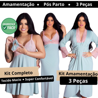 Kit Amamentação – Camisola Curta, Camisola Longa e Robe Longo | Pós Parto Gestante em Oferta na Shopee