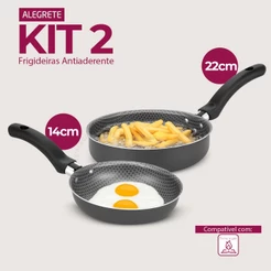 Kit Frigideiras Alegrete Enjoy Reta Funda 22cm + Ovo 14cm Antiaderente Cinza Grafite