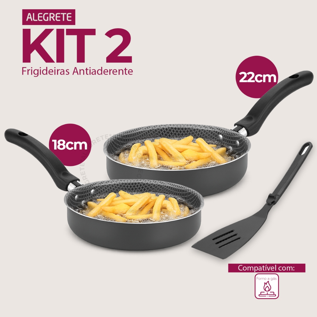 Kit Frigideira Reta Funda Alegrete Enjoy Antiaderente Cinza + Espátula Nylon 18/22cm