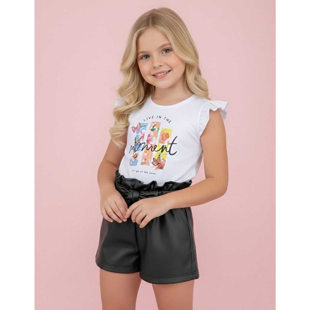 Conjunto Infantil Feminino Blusa Estampada com Babado e Short Preto – Look Moderno e Confortável