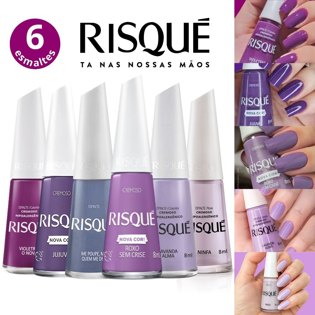 Kit 6 Esmaltes Risqué Tons Lilas Cremoso Esmalte Roxo Atacado Nova Coleção