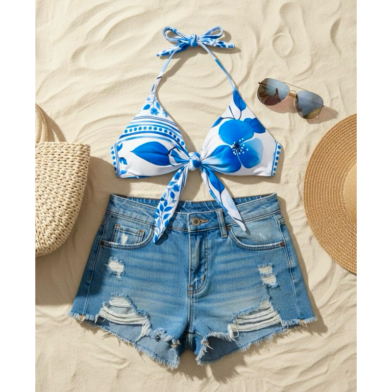 Biquíni Plus Size parte de cima com Amarração Frontal — Estampa Floral, Sem Bojo, Alças Finas, Costas Confortáveis em Oferta na Shopee