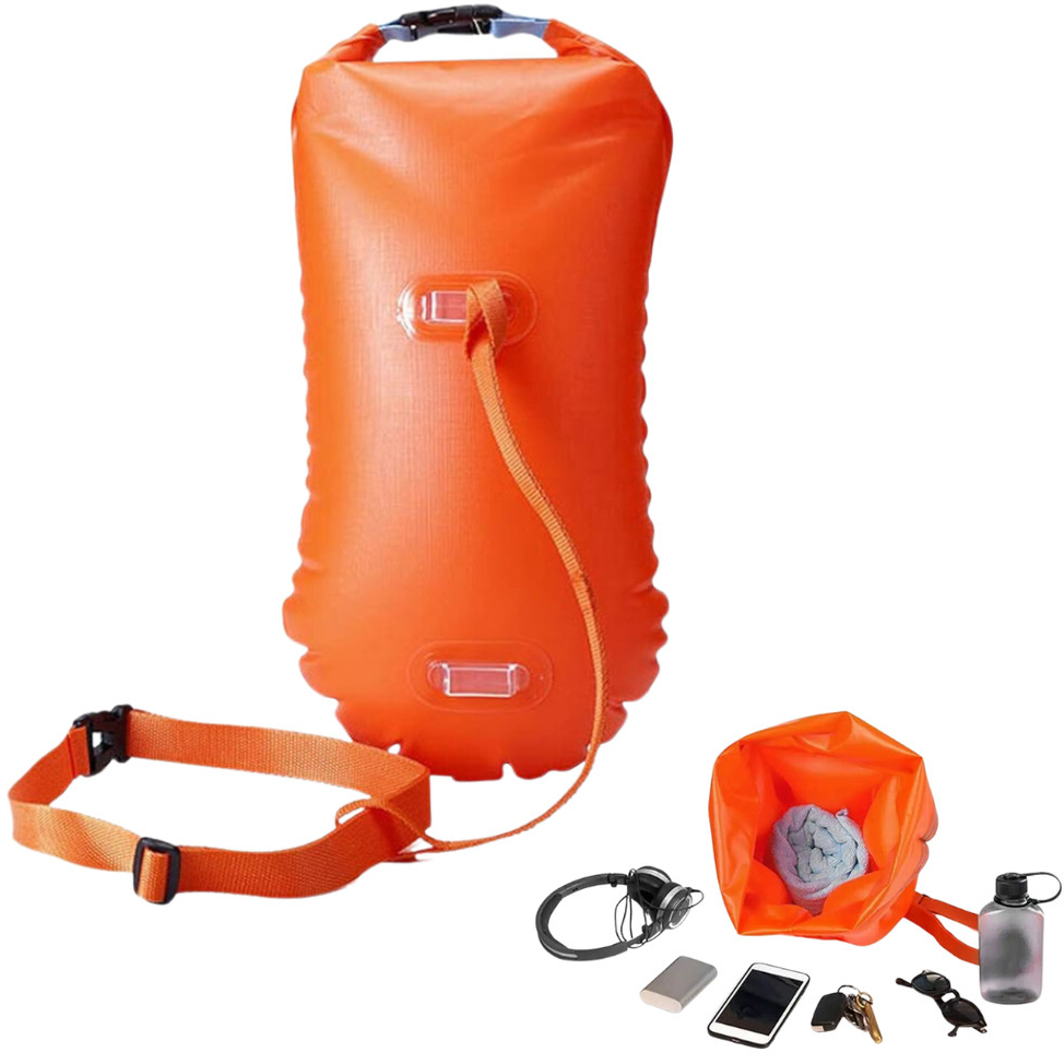 Boia Sinalizadora com Saco Impermeável Estanque Natação Águas Abertas Mar Bolsa Cinto Ajustável Laranja Neon Triatlo