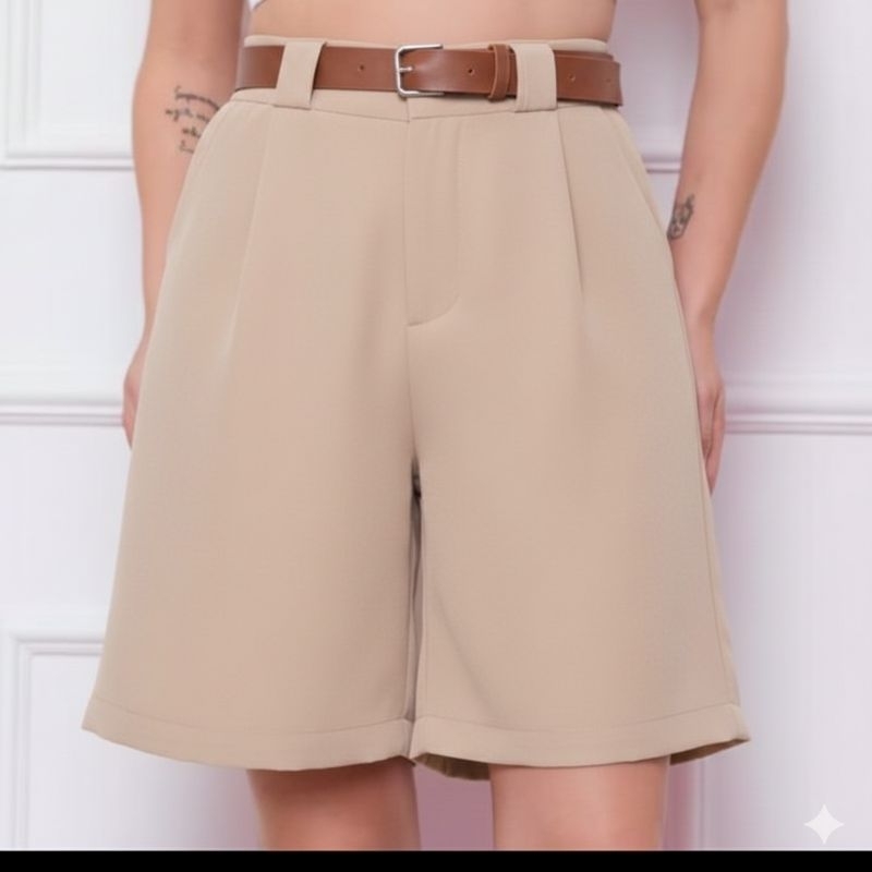 short bermuda femenina alfaiataria social . acompanha cinto em Oferta na Shopee