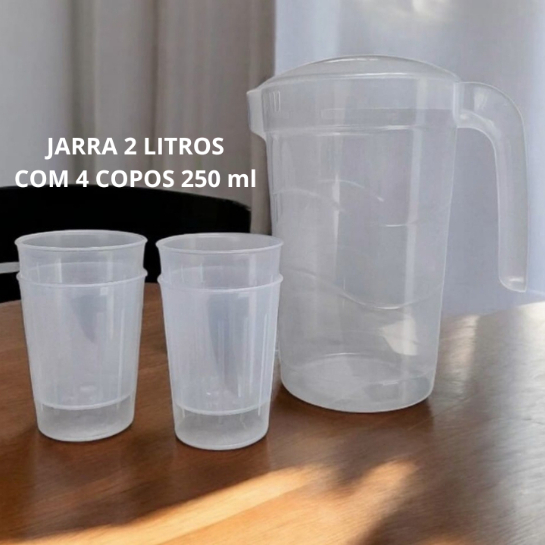KIT Jarra 2L + 4 Copos 250ml | BPA FREE | Plástico Durável. Tampa Rosa, Natural ou Azul