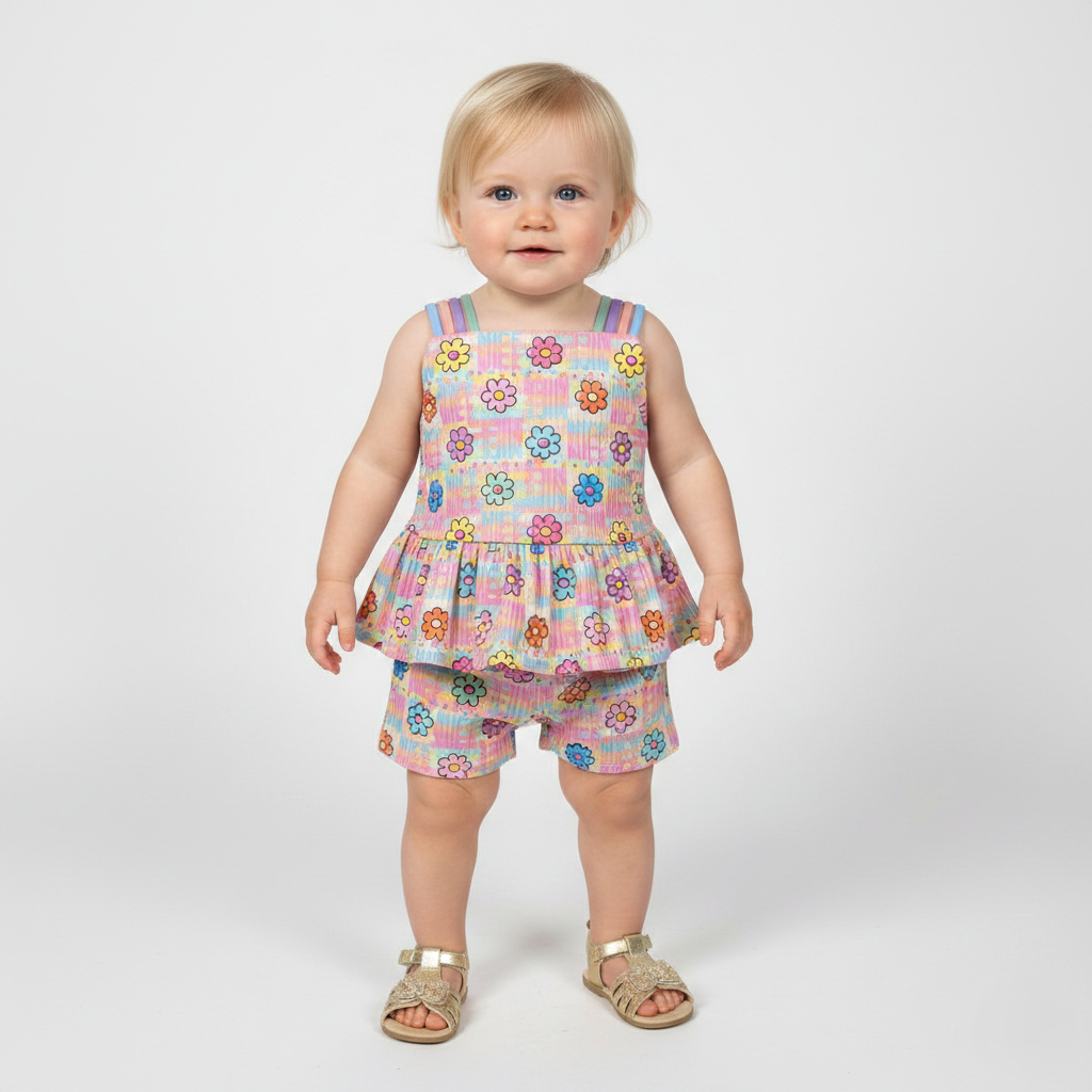 Conjunto Sortido Menina Infantil Verão Estampado Alcinha Colorido Tecido Leve Fresquinho Confortável