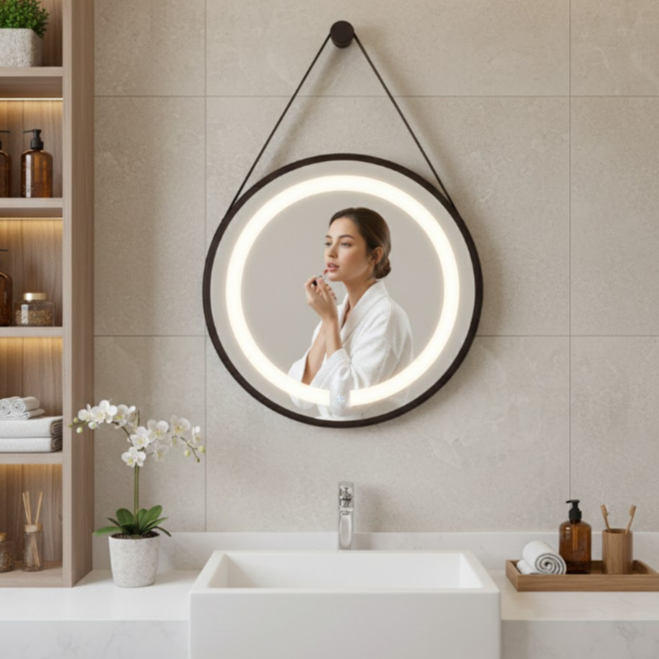 Espelho Redondo Adnet Iluminado Led 6000k Touch Screen Com Alça 50cm  + Suporte Preto Com Alça Preta