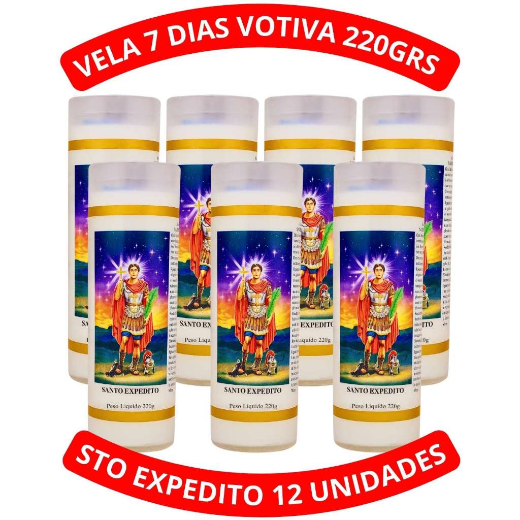 Vela 7 Dias Votiva 220Grs Santo Expedito Oração Kit 12 Unidades