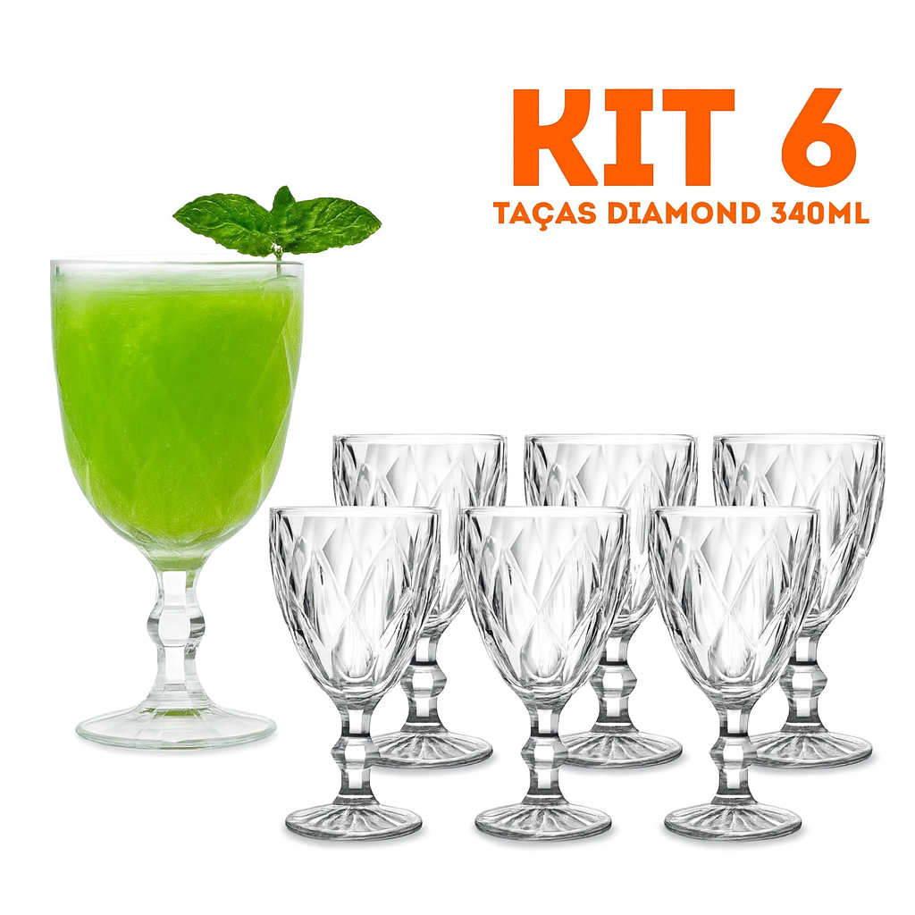 Kit 6 Copos Taças Diamond Vidro Transparente Para Água Luxo Resistente 340ml