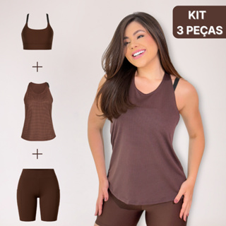 Kit 3 peças Top + Regata Dry Fit + Short Com Bolsos Fitness Feminino Treino Academia Cross Fit em Oferta na Shopee