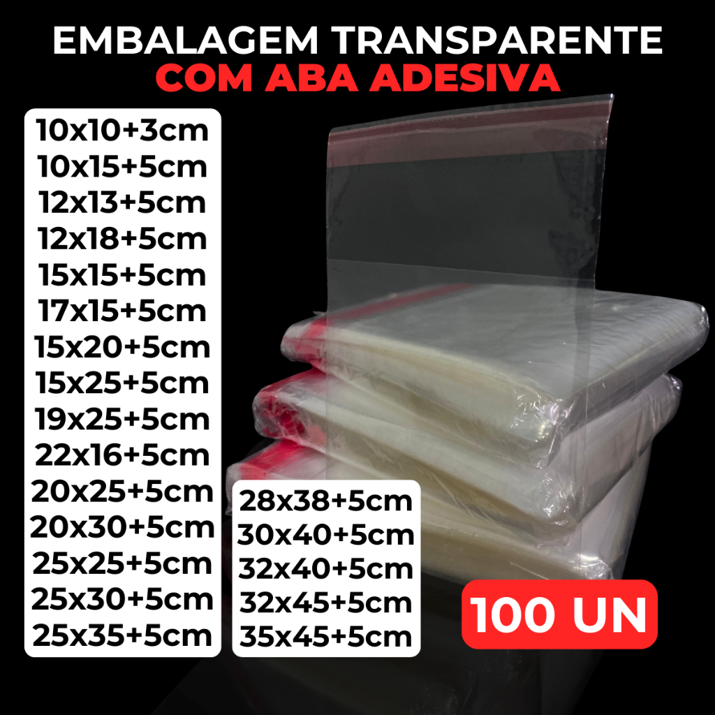 100un Saco Saquinhos Plástico PP Adesivado Transparente C/ Aba Embalagem Abre e Fecha Varias Medidas