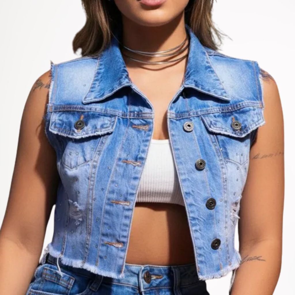 Colete Feminino Jeans com Barra Desfiada Aplicação de Brilhos Botão Frontal Top Blusa Feminina em Oferta na Shopee
