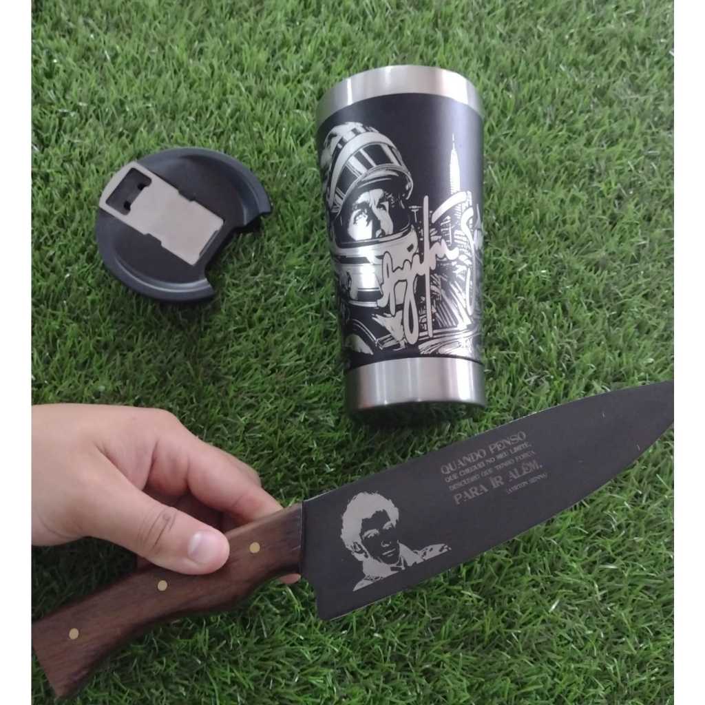 Super KIT Copo + Faca Artesanal AYRTON SENNA | (Faca Fosfatizada full tang picanheira + Copo térmico gravação 360)