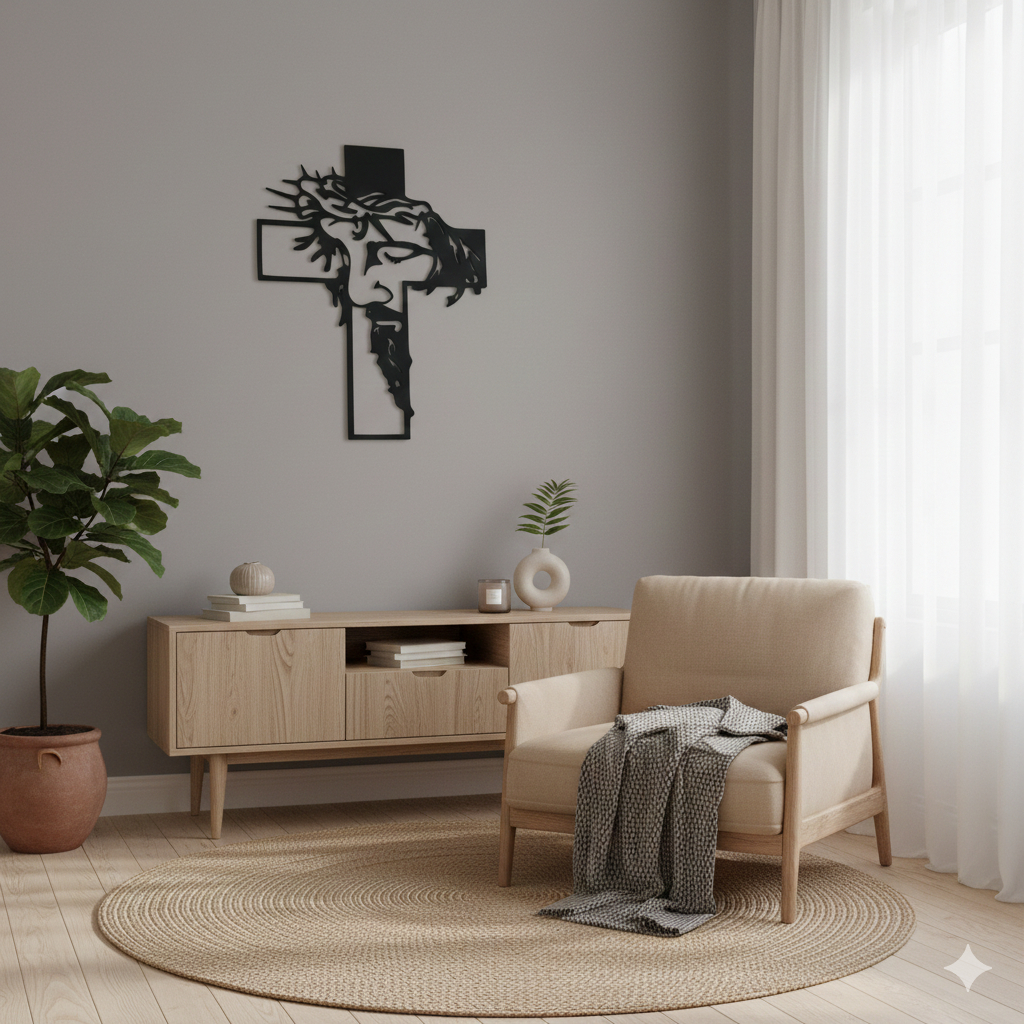 Crucifixo Vazado Jesus Cristo em MDF Preto - Decoração de Parede Moderna