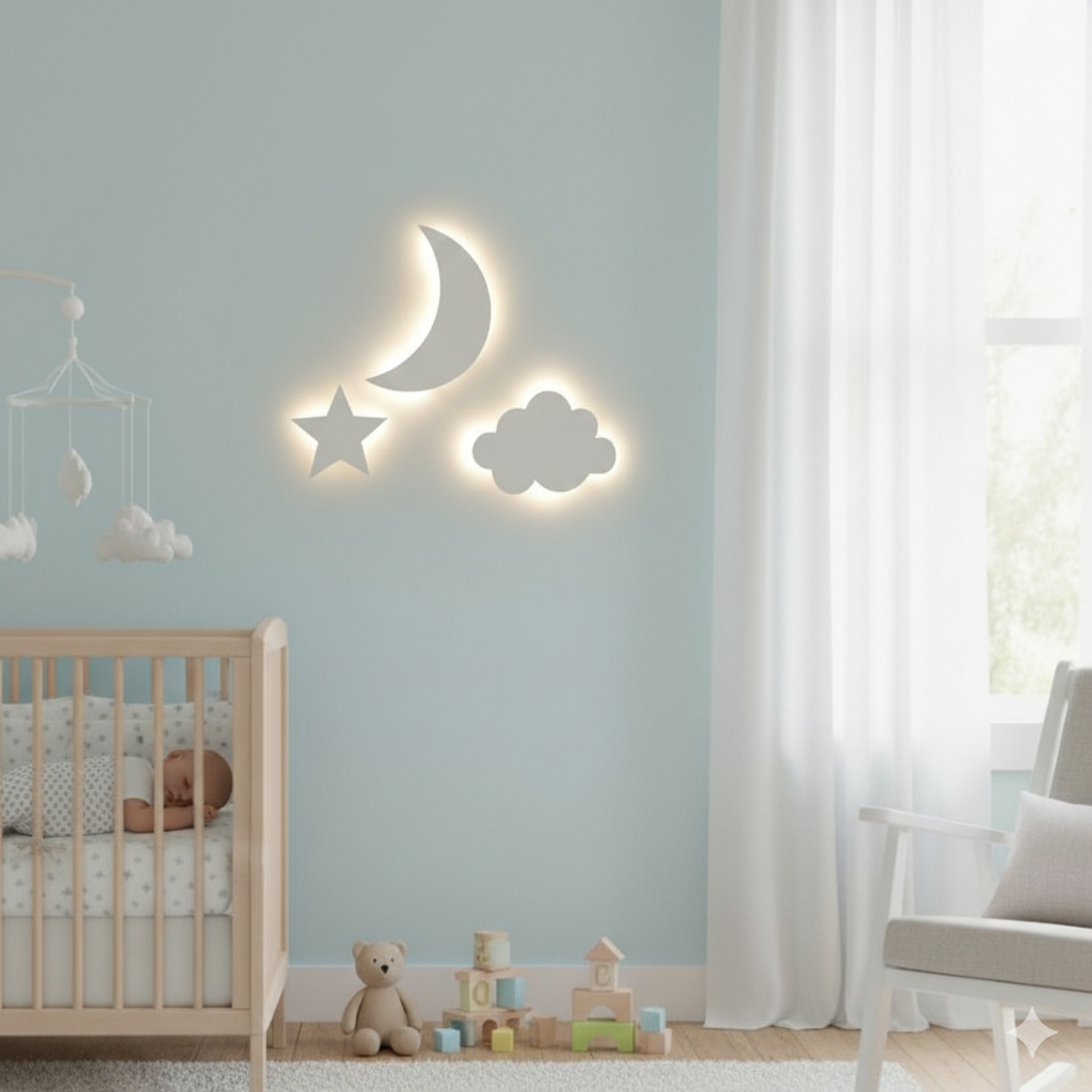 KIT 3 Luminárias Sem Fio Lua/Estrela/Nuvem MDF LED Branco Frio