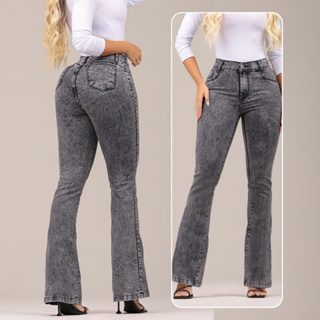 Calça Jeans Feminina Flare Marmorizada Grafite Cos Alto Modelagem Levanta Bumbum Com Lycra em Oferta na Shopee
