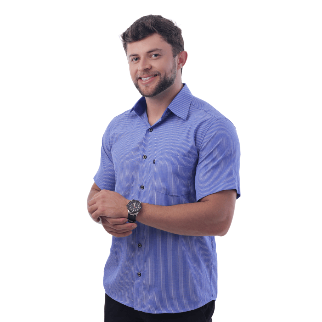 Camisa Social Masculina Listrada Comfort Manga Curta Com Bolso