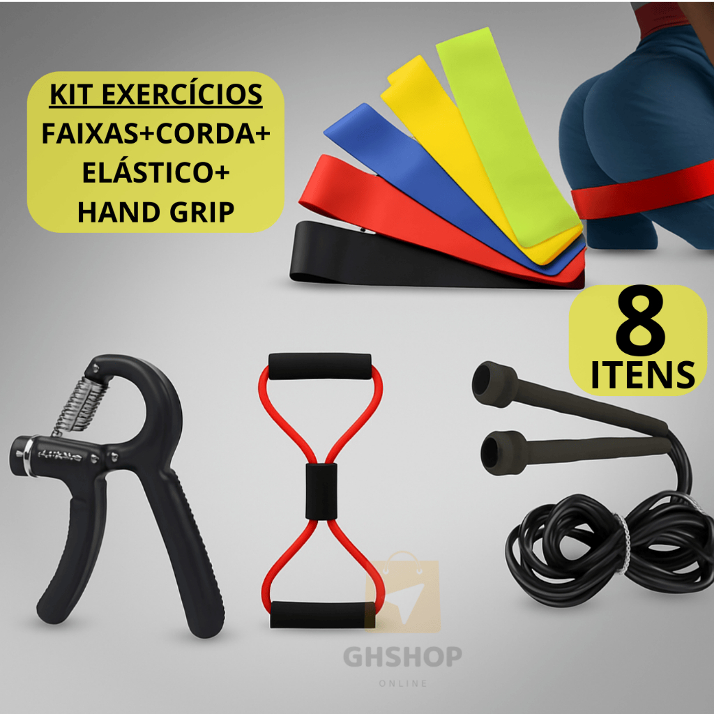 Kit Exercicio Em Casa Faixas Elástica Mini Band + Elastico Extensor + Corda Pula + Hand Grip