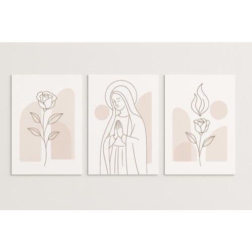 Kit Quadros Decorativos 3 Peças Mosaico Religioso Maria Rosa Nossa Senhora Mãe Católico Geométrico