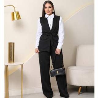 Conjunto Mary Feminino Alfaiataria Colete com Faixa e Calça Pantalona Cor Preta em Oferta na Shopee