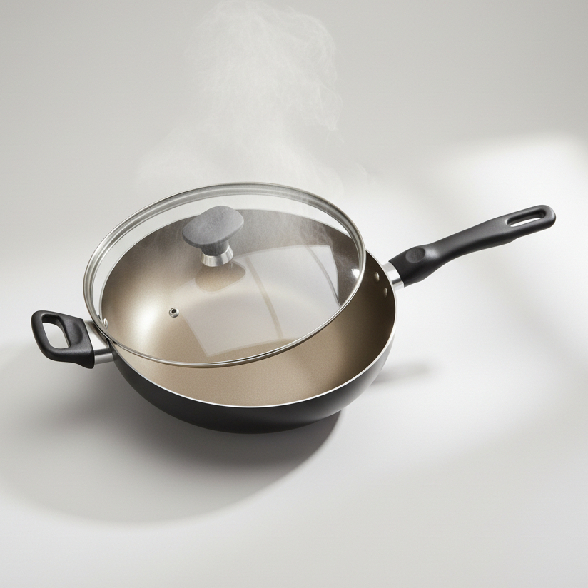 Imagem Frigideira Wok Antiaderente 24cm Tampa de Vidro Profissional Teflon Panela Grande Cozinha