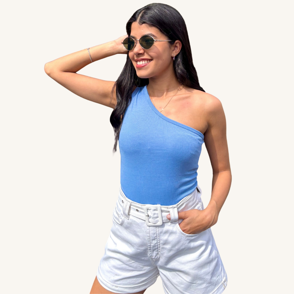 Blusa Ombro Só Ribana Canelada Mula Manca Básica Social Elegante Azul -  leve defeito