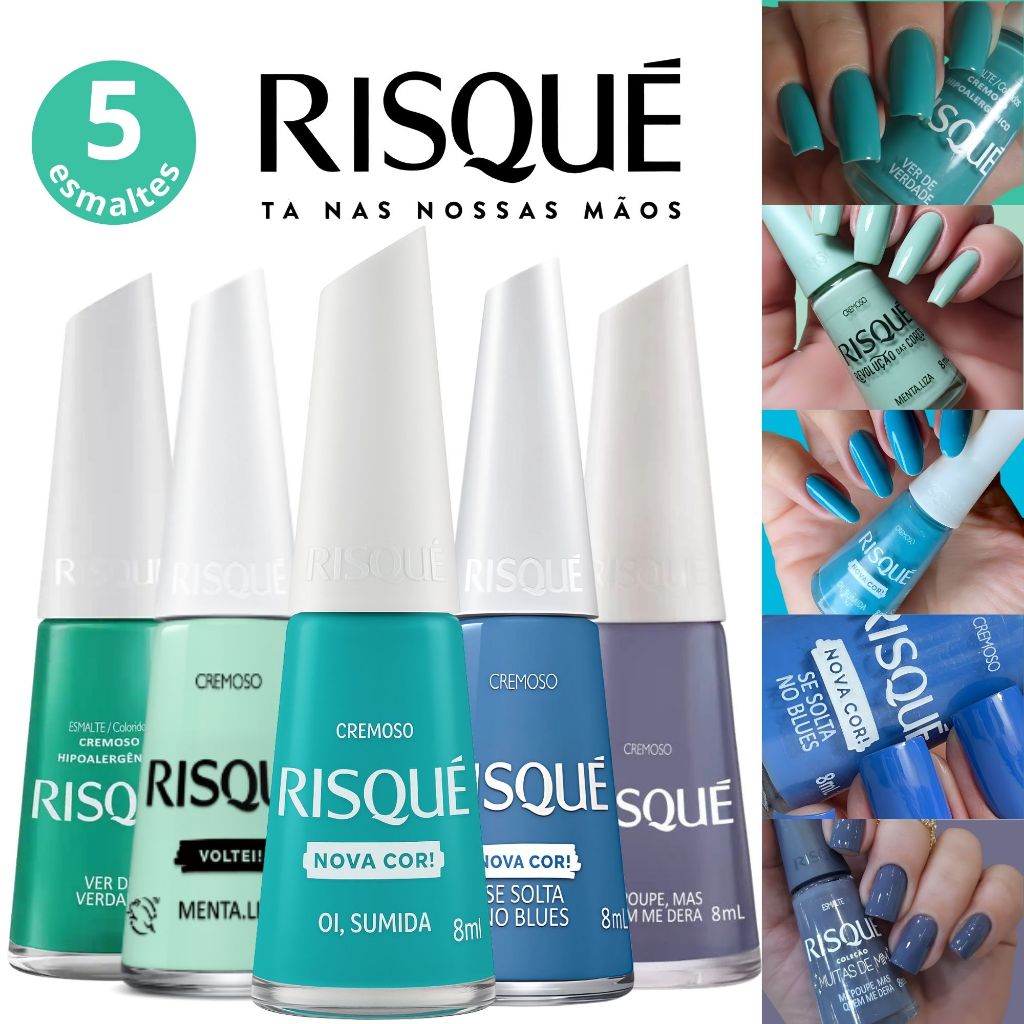 Kit 5 Esmaltes Risqué Tons Azul Verde Cremoso Nova Coleção Risqué Esmalte Atacado
