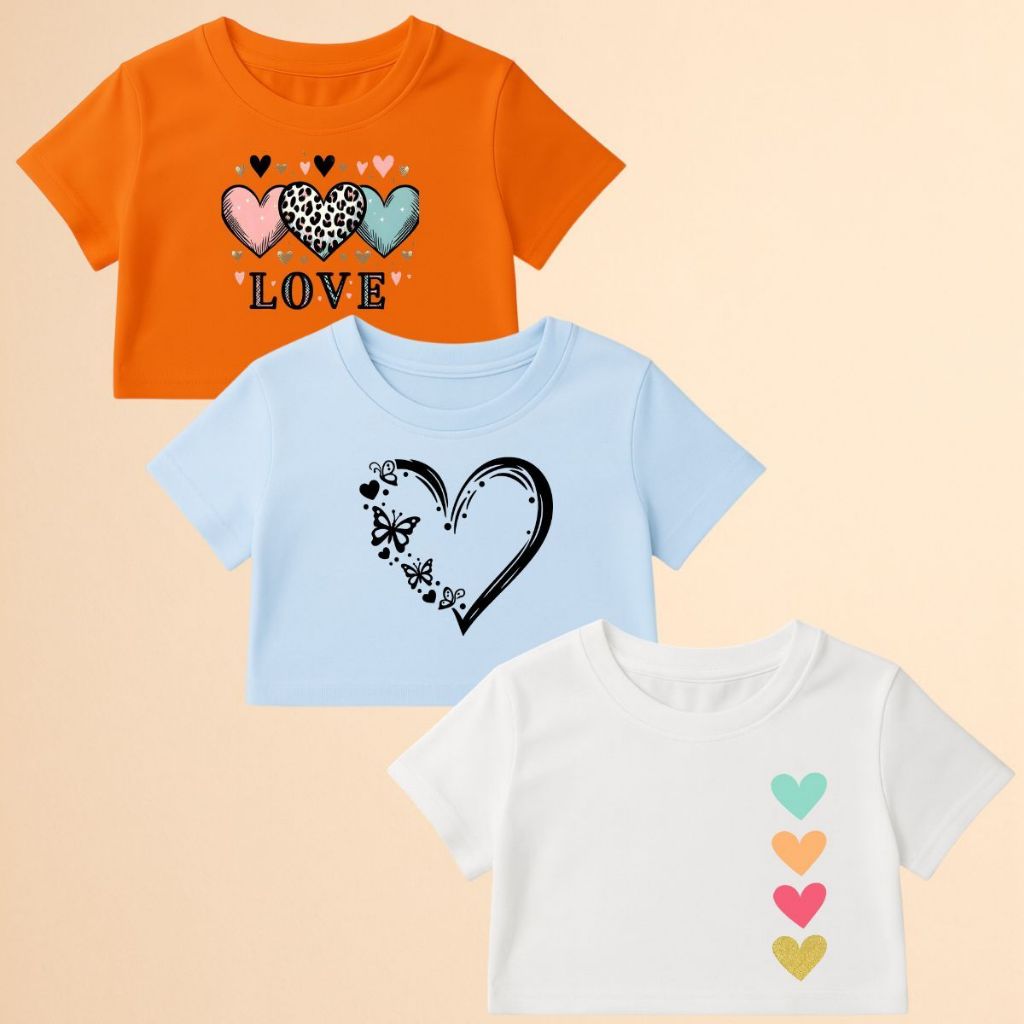 Conjunto Infantil 3 Cropped Coração Estiloso Infanto Juvenil Verão Modinha Fashion Conforto Algodão Qualidade
