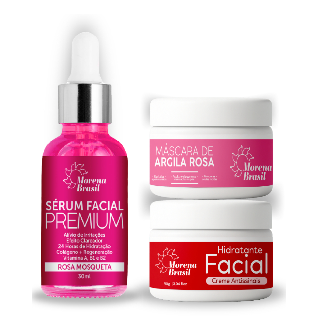 Kit Skin Care Completo – Argila Rosa  +  Sérum Facial Rosa Mosqueta + Hidratante Facial Anti-Sinais