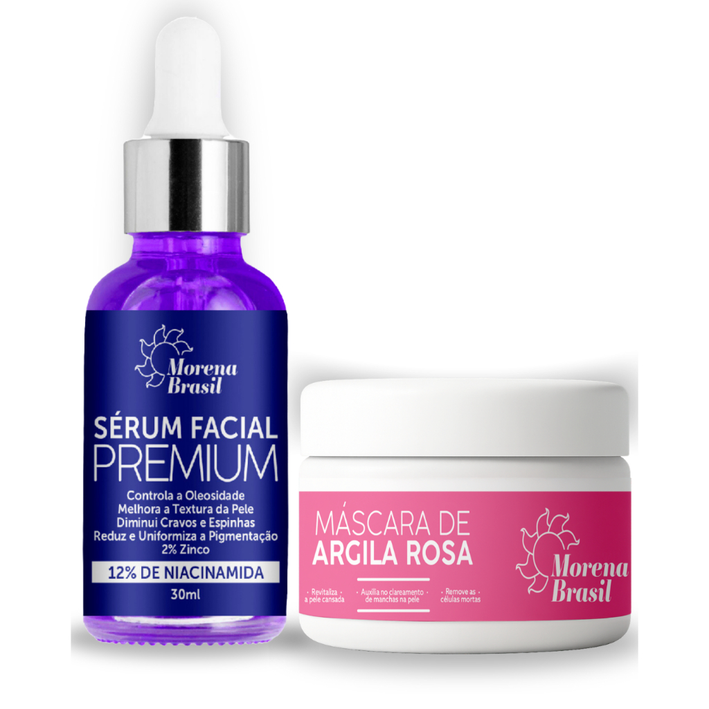 Kit Sérum Facial Niacinamida + Máscara Argila Rosa | Redução de Acne, Oleosidade e Manchas