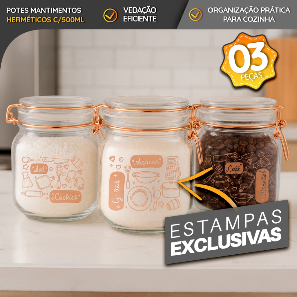 Kit 3 Potes Mantimentos Herméticos 500ml Vidro Transparente com Trava – Armazenamento e Mantimentos