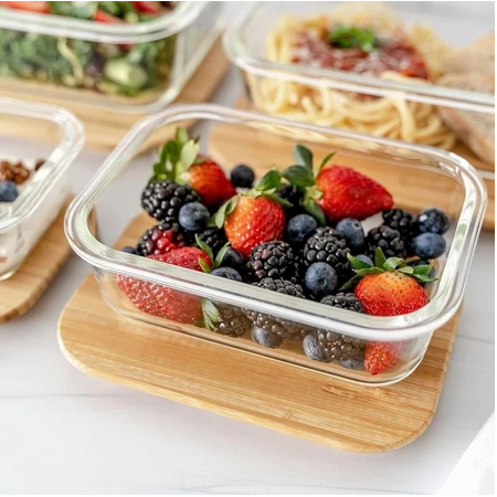 Pote De Vidro Hermético Retangular Com Tampa De Bambu 1040ml Organizador de Geladeira Marmita