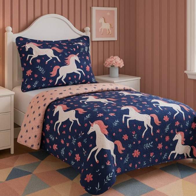 Kit Colcha Cobre leito Solteiro Infantil Dupla Face 2 Peças Estampado com Porta Travesseiro