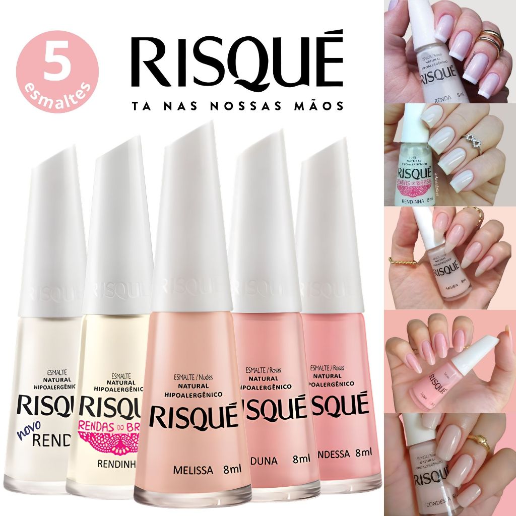 Kit 5 Esmaltes Risqué Tons Branco Rosa Claro Natural Transparente Risqué Esmalte Atacado