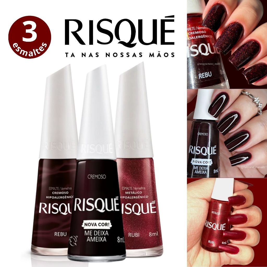 Kit 3 Esmaltes Risqué Tons Vermelhos Vinhos Metálico Risqué Esmalte Atacado