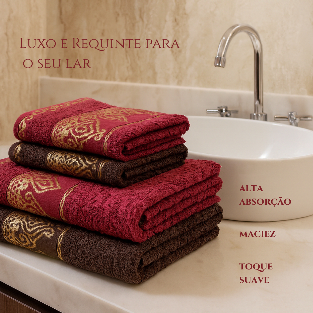Jogo Toalha 4 Peças – 2 Banho e 2 Rosto Algodão Dourado Luxo 330g/m² Macia Suave Laune Haus