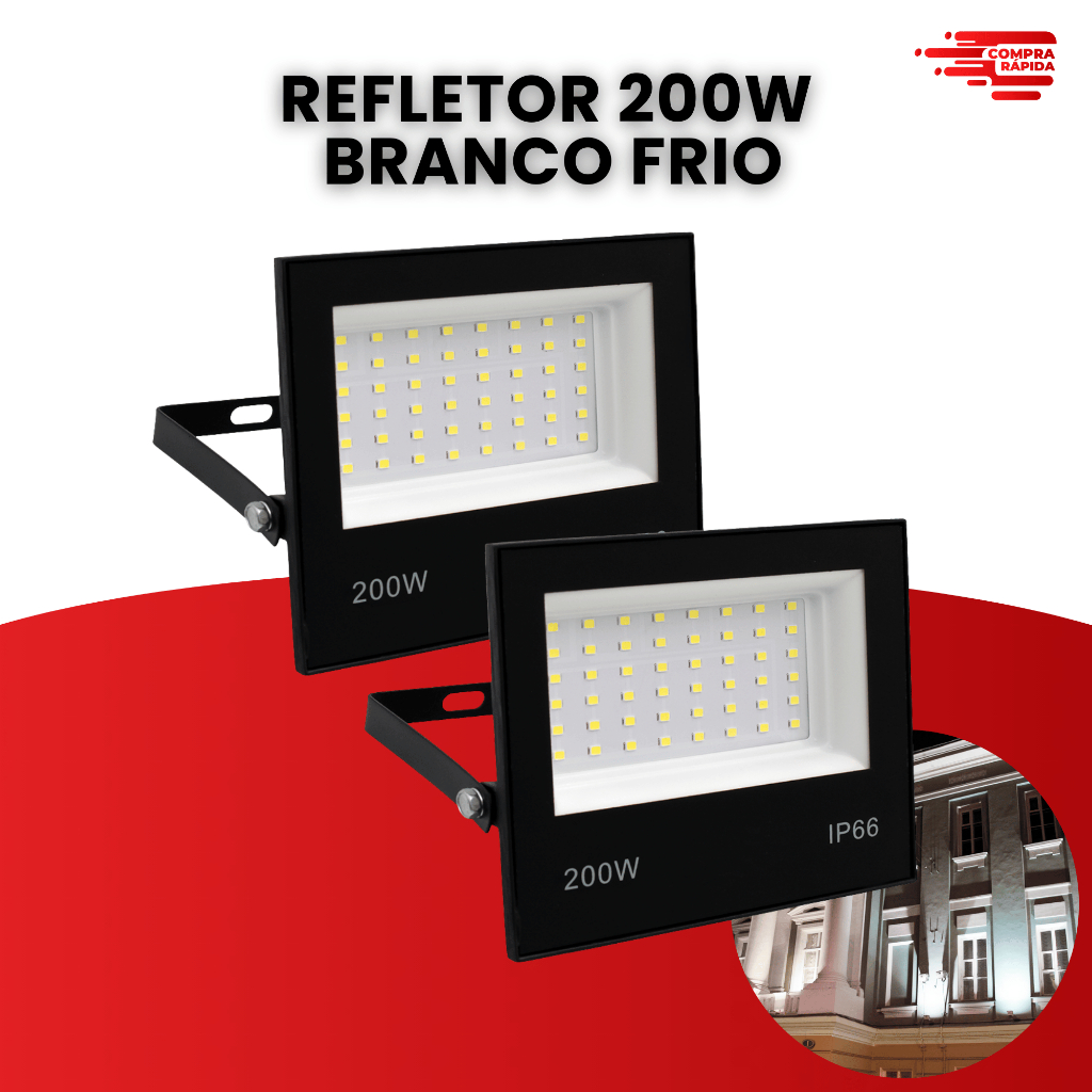 Kit 2 Refletor Led Holofote 200w Ip66 Branco Frio 6000K Bivolt em Oferta na Shopee