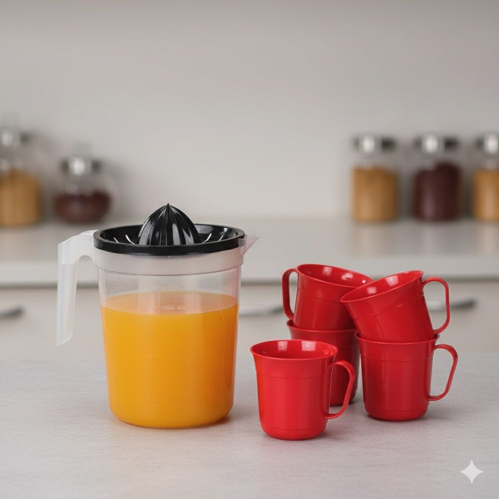 Kit Jarra Com Espremedor 1,8lt Com 6 Canecas 300ml Plástico Resistente Cores Sortidas em Oferta na Shopee