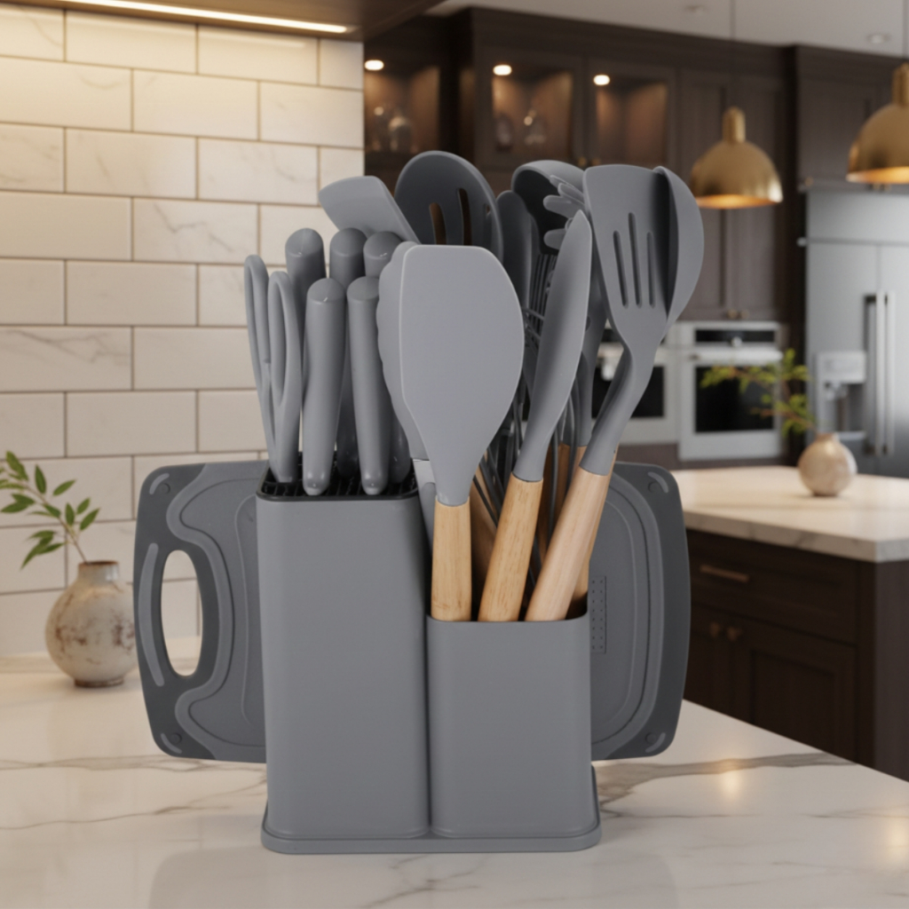 Kit 19 Peças Jogo de Utensílios Para Cozinha em Silicone Com Cabo de Madeira Completo em Oferta na Shopee