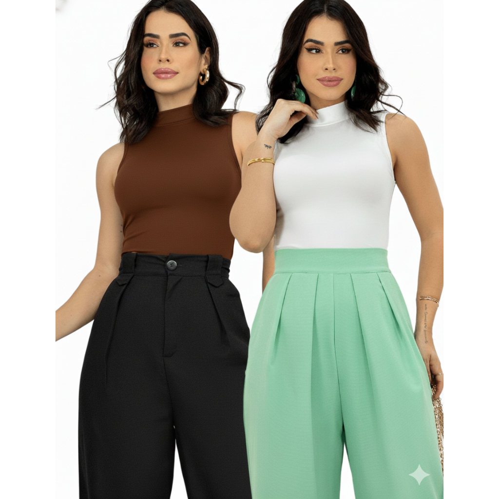 Kit 2 Body Regata Gola Alta Feminino Cacharrel Camiseta Collant Suplex Liso Forro Tecido D...