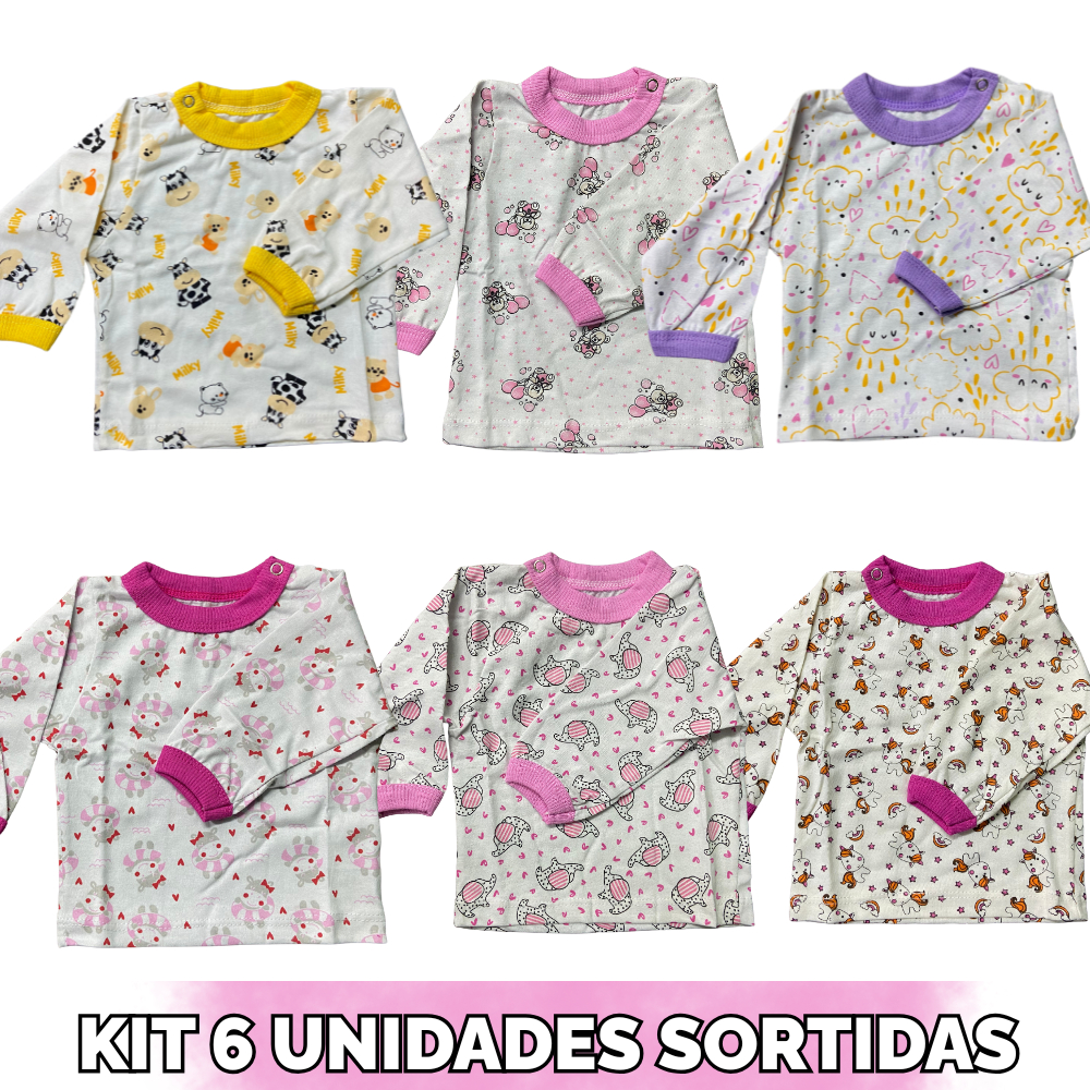 KIT 6 CAMISETAS MANGA LONGA  ESTAMPADA  FEMININA SORTIDA P/M/G - INCRIVEIS BABY