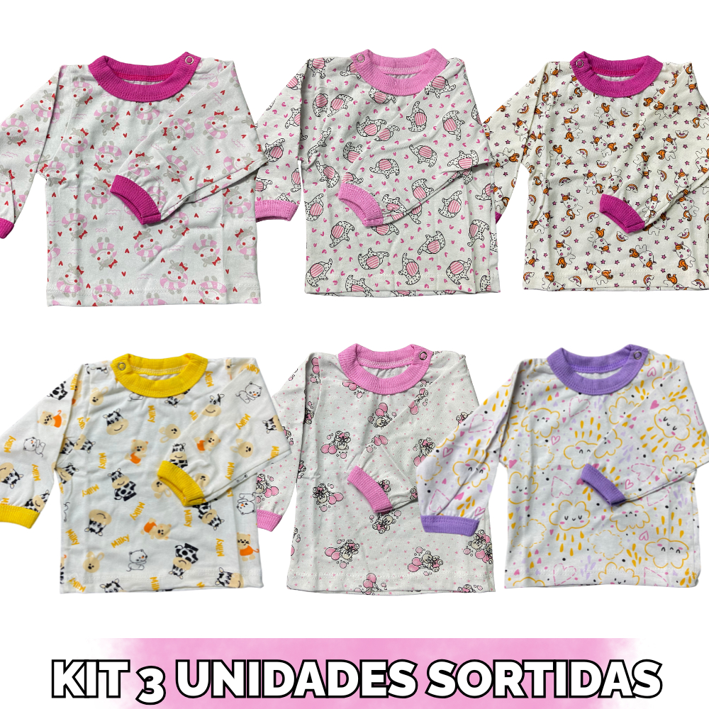 KIT 3 UNIDADES CAMISETA MANGA LONGA ESTAMPADA FEMININA SORTIDA 1/2/3 - INCRIVEIS BABY 100% ALGODÃO