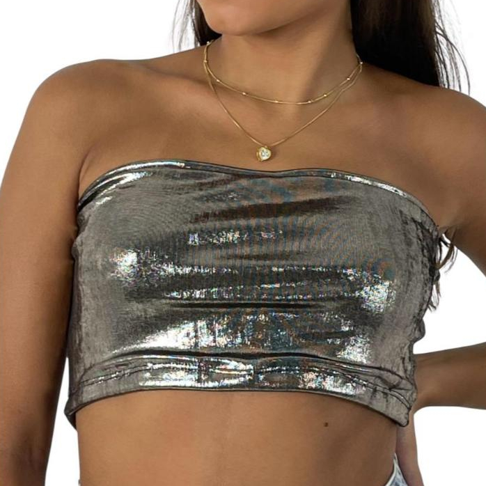 Top Cropped Feminino Metalizado Brilhante Faixa Paty Festa Foil Premium Novo em Oferta na Shopee
