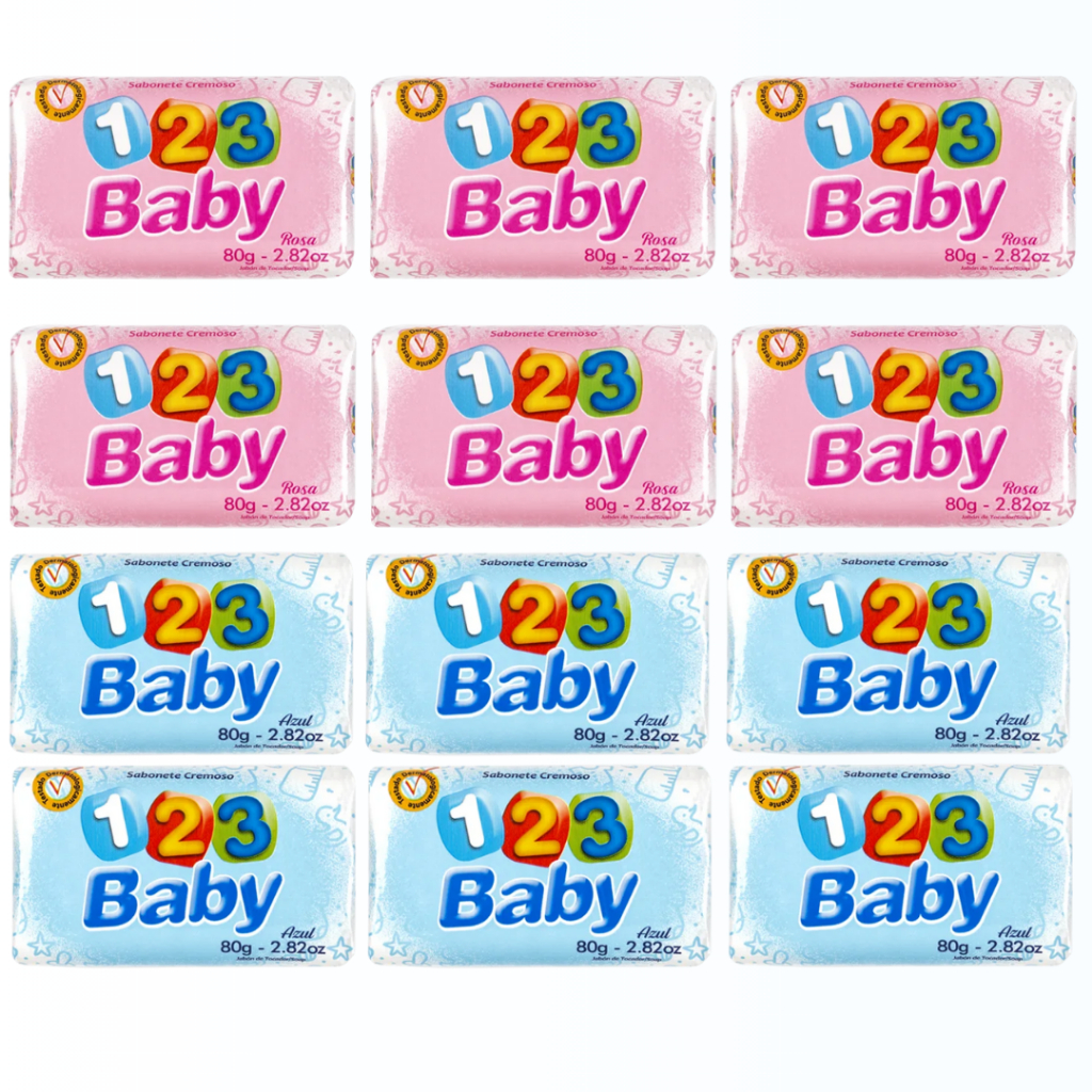 Kit 12 Sabonetes Infantis 123 Baby Azul ou Rosa