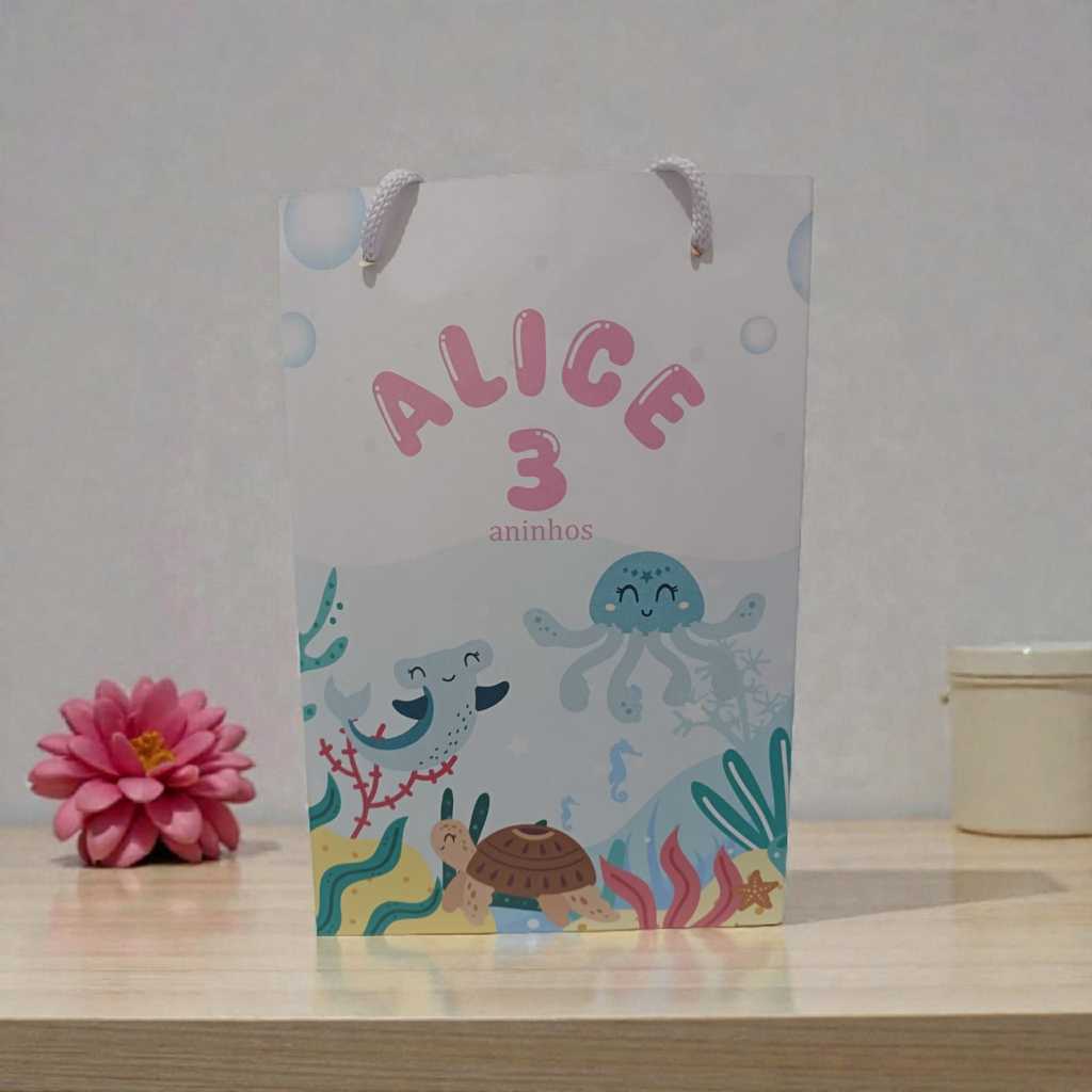 Sacolinha Personalizada com nome e idade 13x20 FUNDO DO MAR MENINA Lembrancinhas Aniversário Personalizada