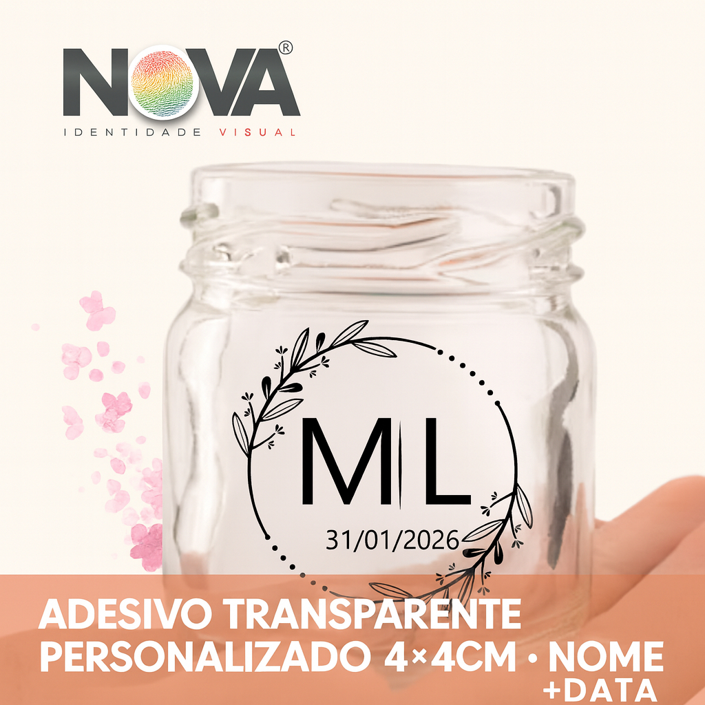 Adesivo Transparente Personalizado Nome + Data  Lembrancinha 4x4cm Casamento Aniversário Chá de Bebê