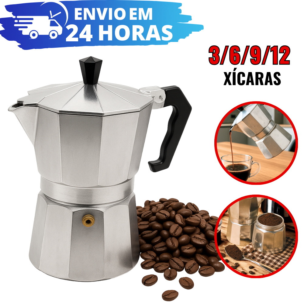 Imagem Cafeteira Italiana Alumínio PREMIUM 3/6/9/12 Xícaras Aço Decorada Reforçada Top Cafeteira Rápida